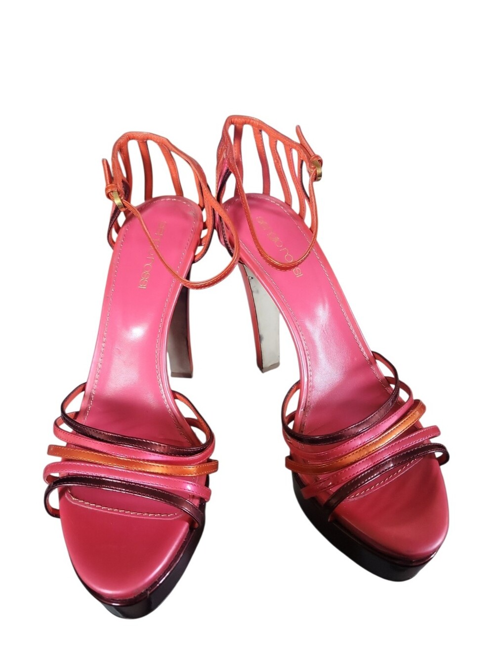 Sergio Rossi Multicolor Patent LeatherT-Strap Strappy Platform Sandals Sz 39